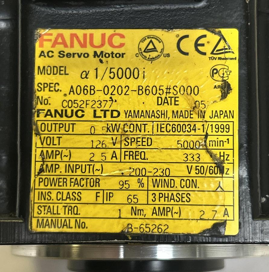 Used FANUC,A06B-0202-B605#S000,AC SERVO MOTOR 5000RPM 2.5A 126VOLT 3PH