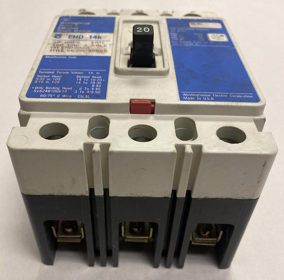Used Westinghouse Cutler-Hammer,EHD3020,Circuit Breaker 20A 480V 3 Pole