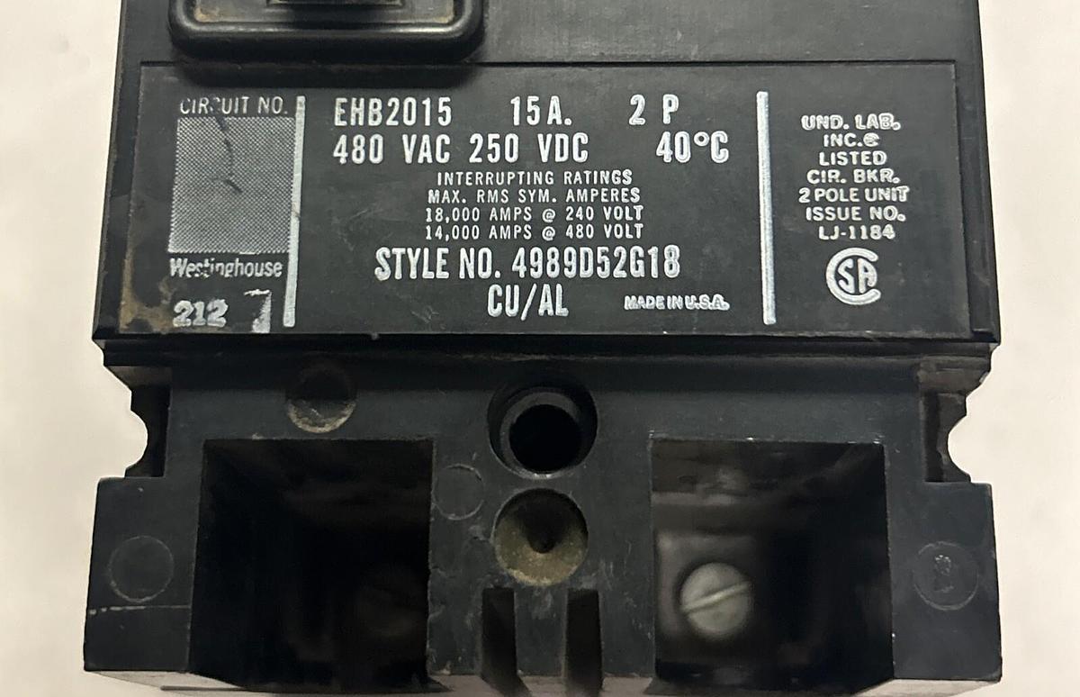 Used WESTINGHOUSE,4989D52G18,CIRCUIT BREAKER 15A 480V