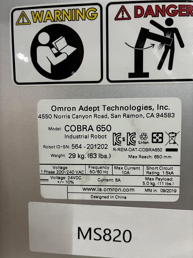 Used OMRON ADEPT,COBRA 650,INDUSTRIAL ROBOT W/ EMB-40M CONTROLLER UNIT