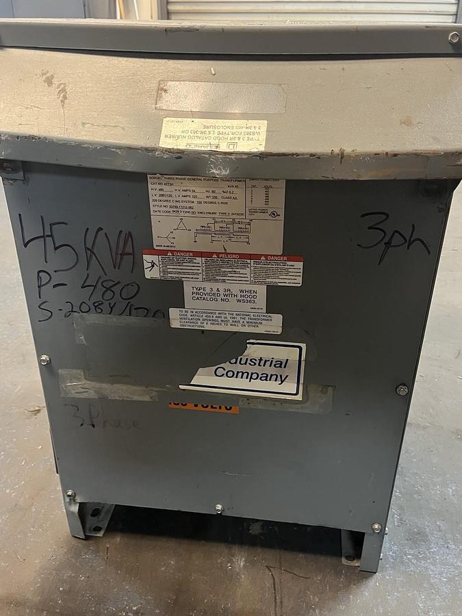 Used SQUARE D,45T3H,TRANSFORMER 45KVA 3PH HV 480V LV 208Y/120V