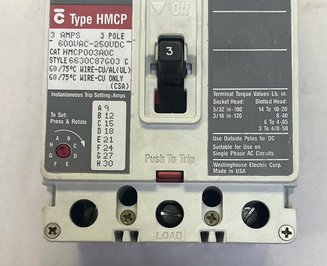 Used CUTLER-HAMMER,HMCP003A0C,CIRCUIT BREAKER 3A 600V 3P
