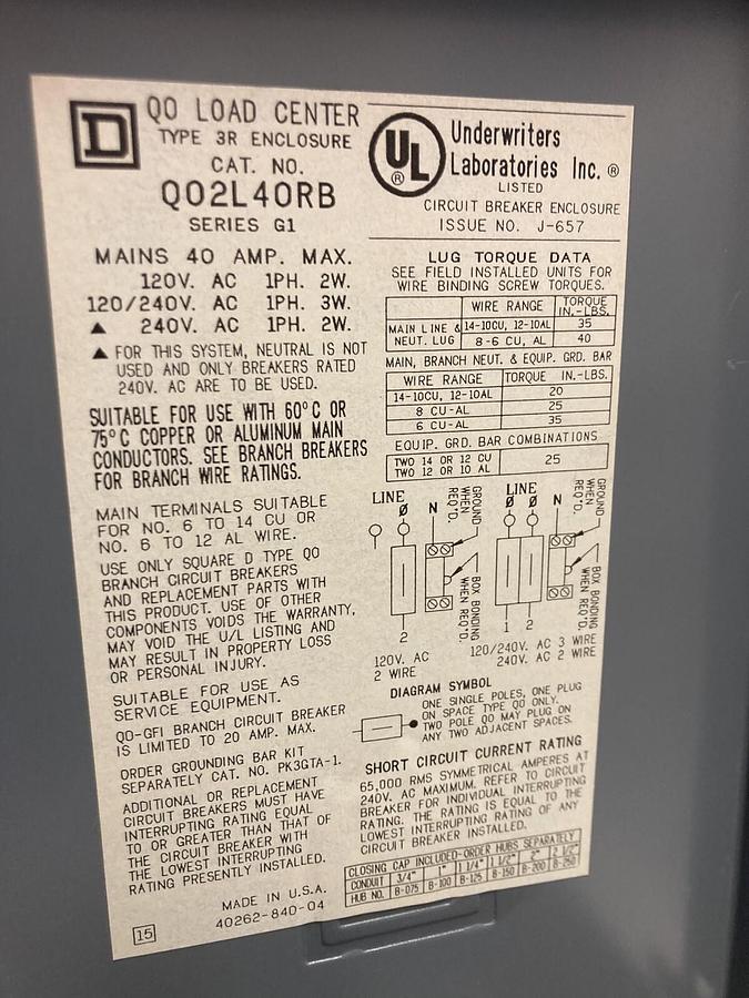 Used Square D,Q02L40RB,KLoad Center Ser G1 40A ENCLOSURE ONLY
