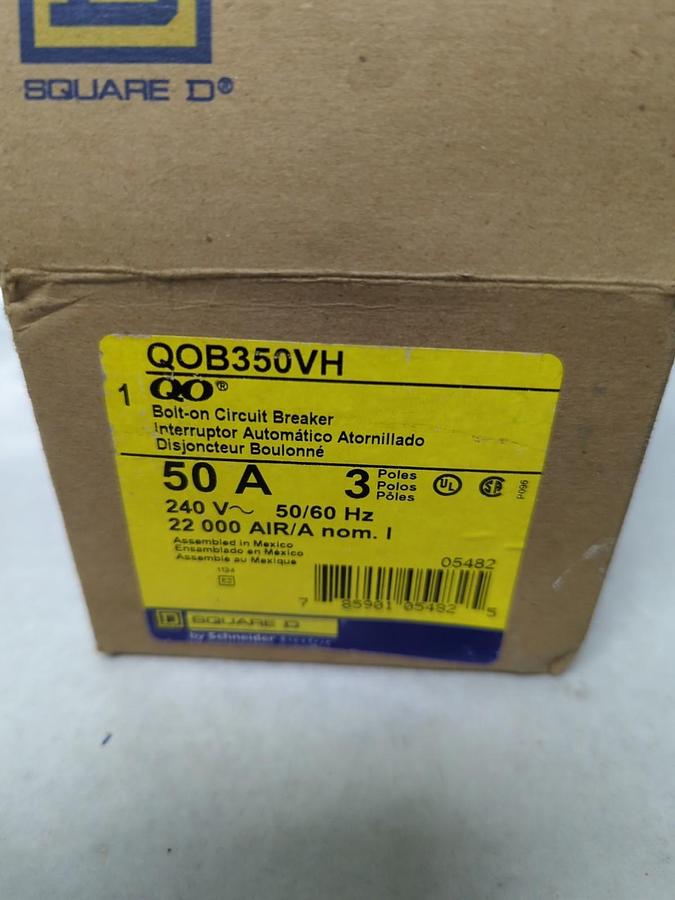 SQUARE D,QOB350VH,BOLT ON CIRCUIT BREAKER 3-POLE 50 AMP 240V 50/60HZ NOS