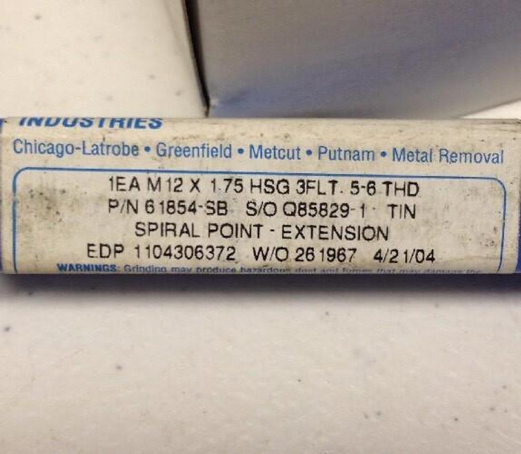 Greenfield Industries,61854-SB,Spiral Point Extension M12x1.75 3Flute LOT OF 12