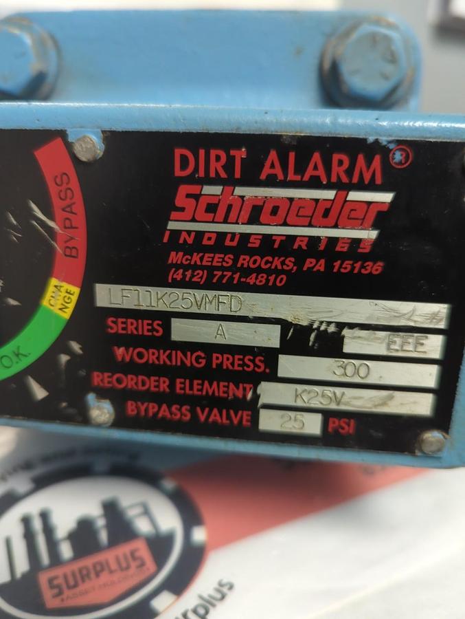 Used SCHROEDER,LF11K25VMFD,FILTER ELEMENT DIRT ALARM PRE-OWNED