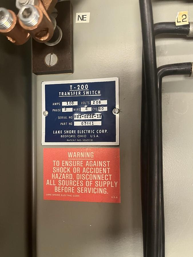 Used LAKE SHORE,07441,ELECTRIC T-200 TRANSFER SWITCH 100 AMP 208V 3PH