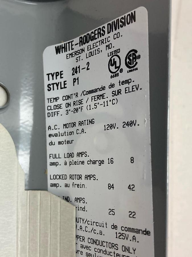 White-Rodgers,Type 241-2 Style P1,Refridgeration Temperature Control