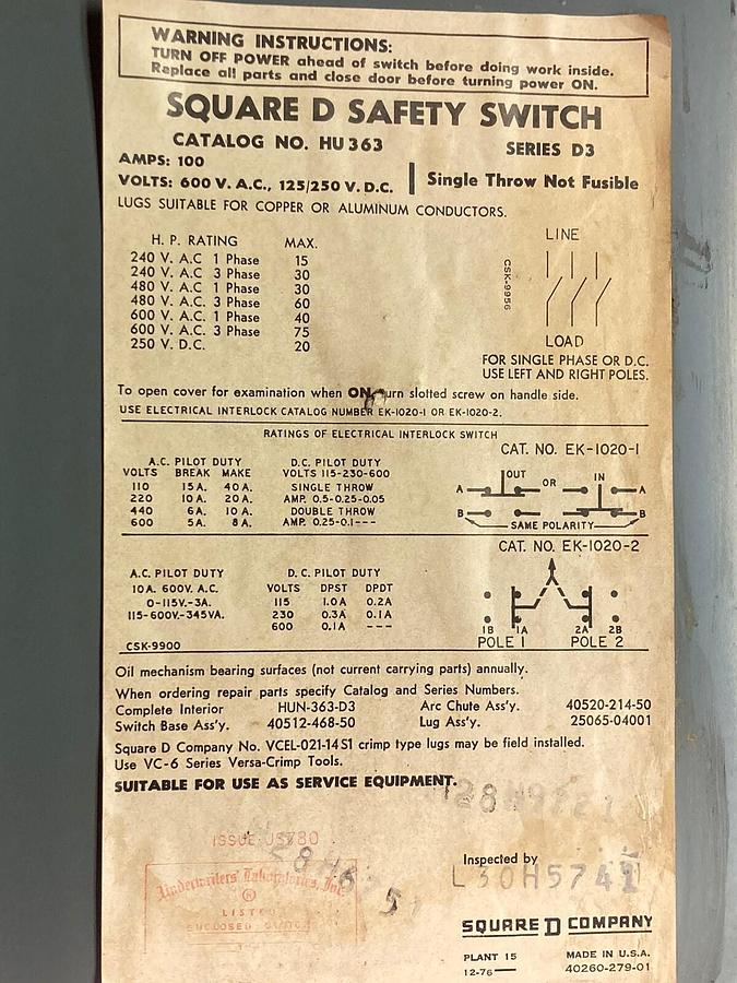 Used Square D,HU363,Heavy Duty Safety Switch Series D3 100A 600Vac