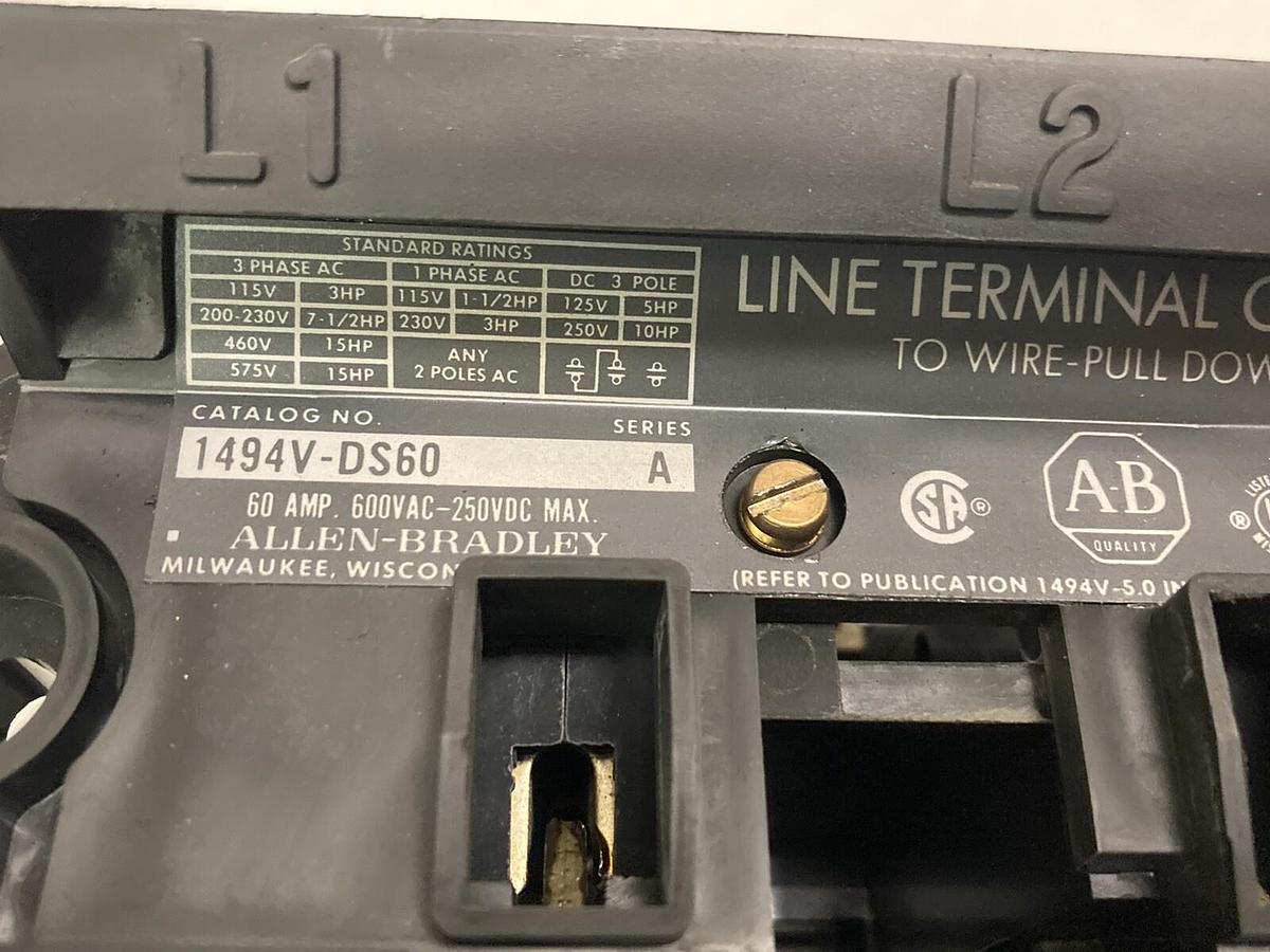 Used Allen Bradley,1494V-DS60,Ser A Line Terminal Guard 60A 600VAC