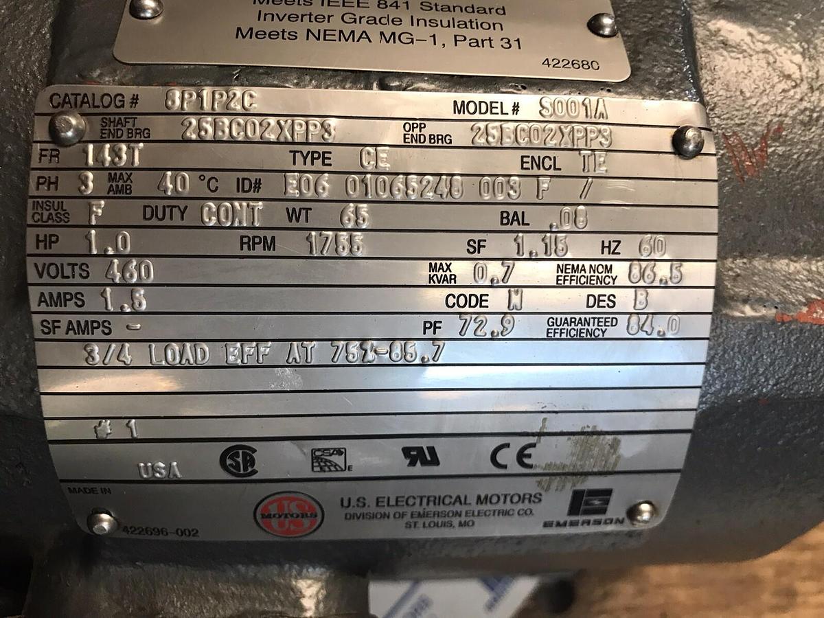 US Motors,8P1P2C,Motor 1Hp 1755RPM 460V Frame 143T