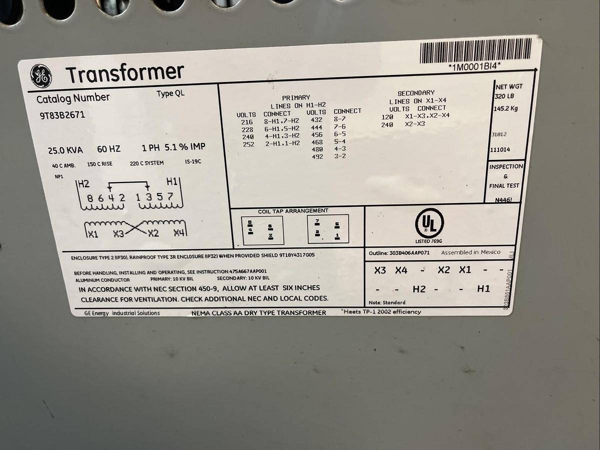 Used GE,9T8382671,TRANSFORMER 25KVA HV 480 LV 240/120V 1PH