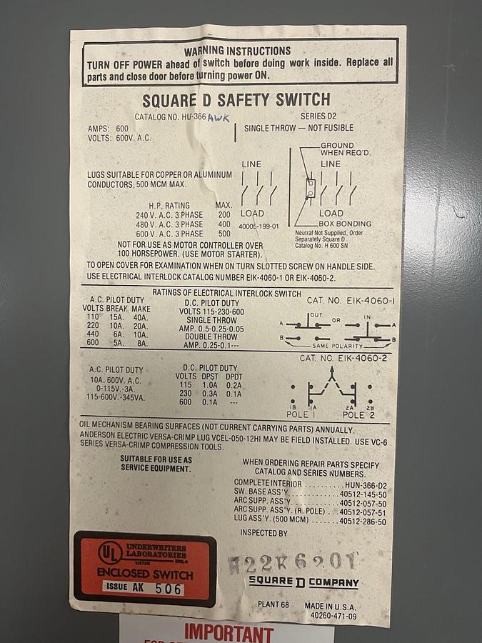Used SQUARE D,HU366,SAFETY DISCONNECT NON FUSIBLE SWITCH 600A 600V 500HP