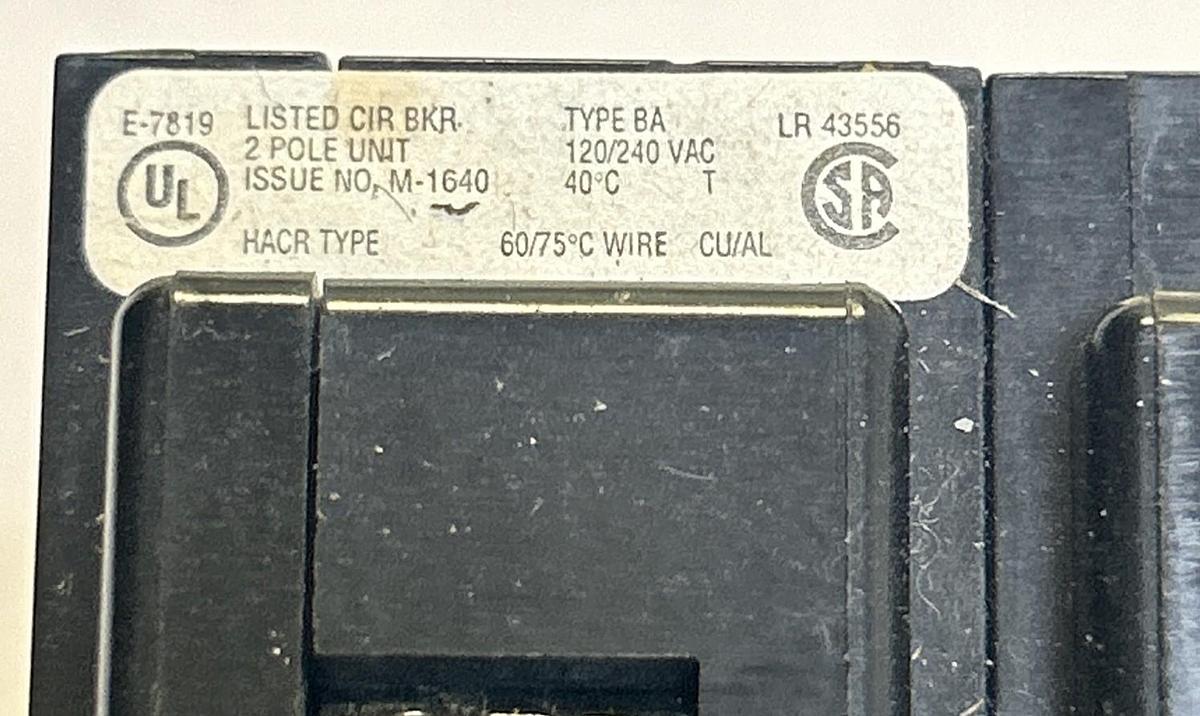 Used CUTLER HAMMER,BA220,CIRCUIT BREAKER 20A 120/240V 2P