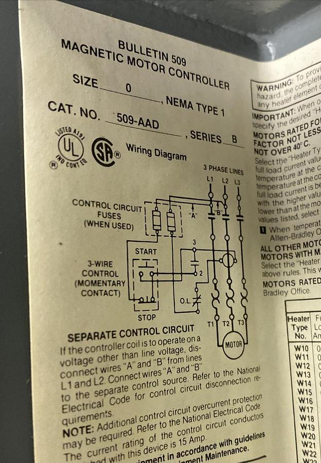 ALLEN BRADLEY,509-AAD,SER B SIZE 0 FULL VOLTAGE NON-REVERSING STARTER NEW NO BOX