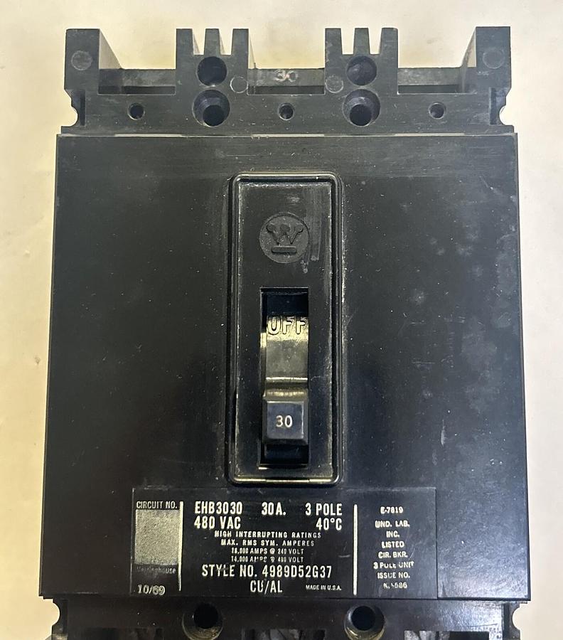 Used WESTINGHOUSE,EHB3030,CIRCUIT BREAKER 30A 480V 3P
