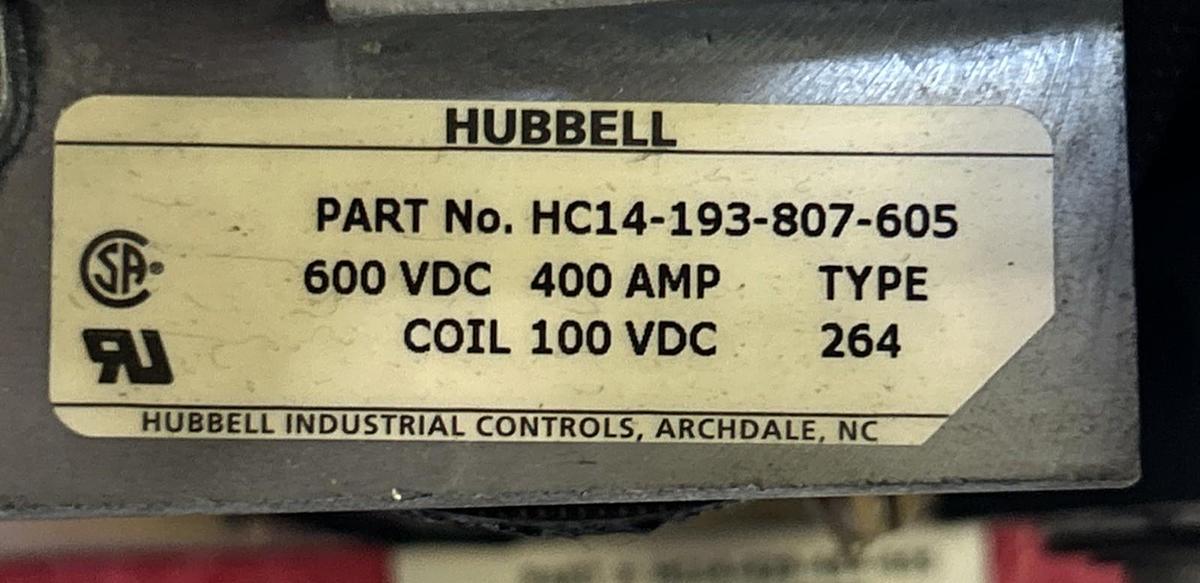 Used HUBBELL,HC14-193-807-605,DC CONTACTOR 400A 600VDC 100VDC COIL