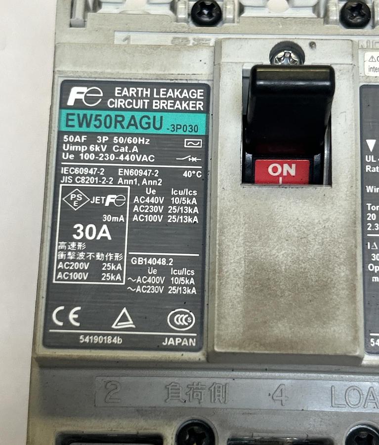 Used FUJI ELECTRIC,EW50RAGU-3P030,EARTH LEAKAGE CIRCUIT BREAKER 30A 440V 3P