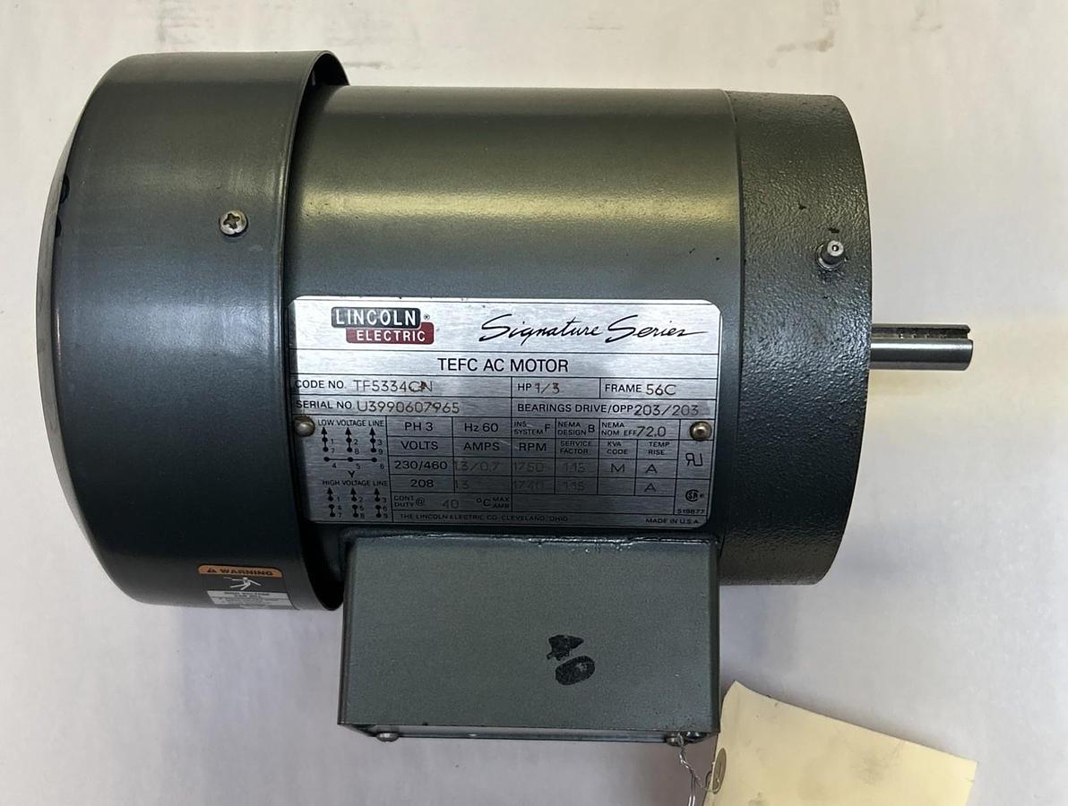 LINCOLN,TF5334CN,AC MOTOR 1/3HP 1750RPM 230/460V 3PH 56C FRAME NOS