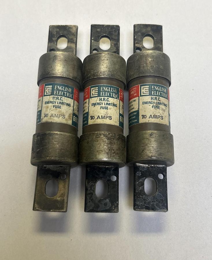 Used ENGLISH ELECTRIC,C70J,ENERGY LIMITING FUSE 70A 600V LOT OF 3