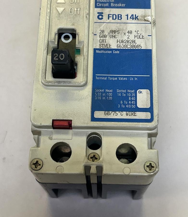 Used WESTINGHOUSE,FDB2020L,CIRCUIT BREAKER 20A 600V 2 POLE