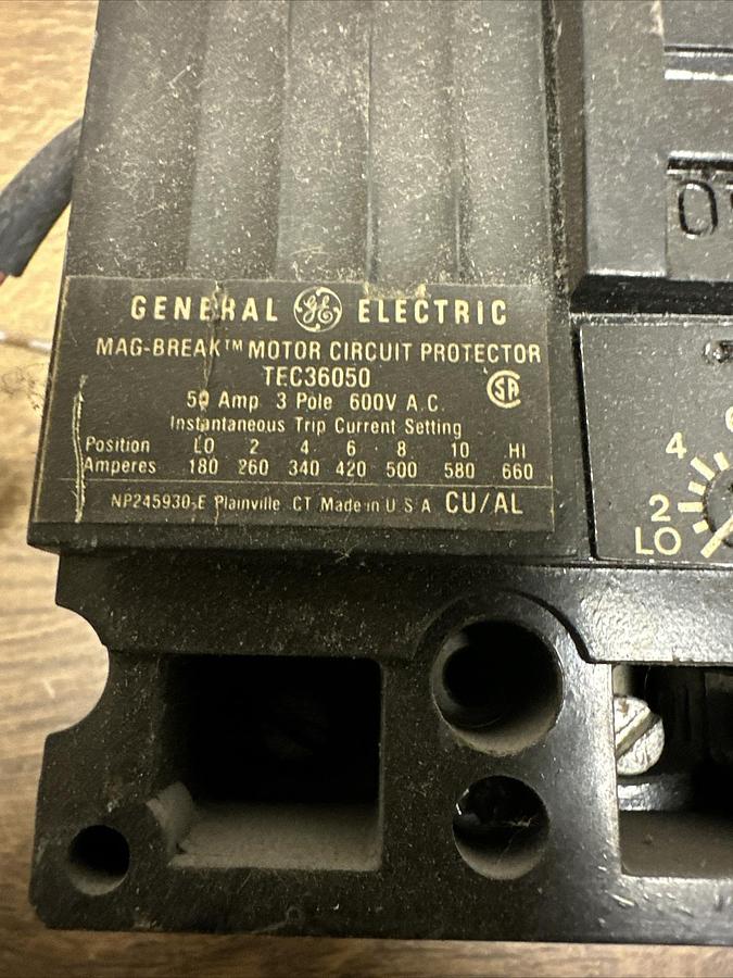 Used General Electric,TEC36050,50 Amp 3 Pole 600VAC Circuit Breaker