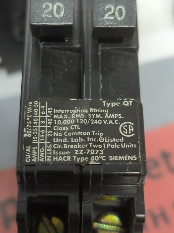 Used SIEMENS,Q2020,TWIN CIRCUIT BREAKER 20/20 AMP 1-POLE LOT OF 9 PRE-OWNED