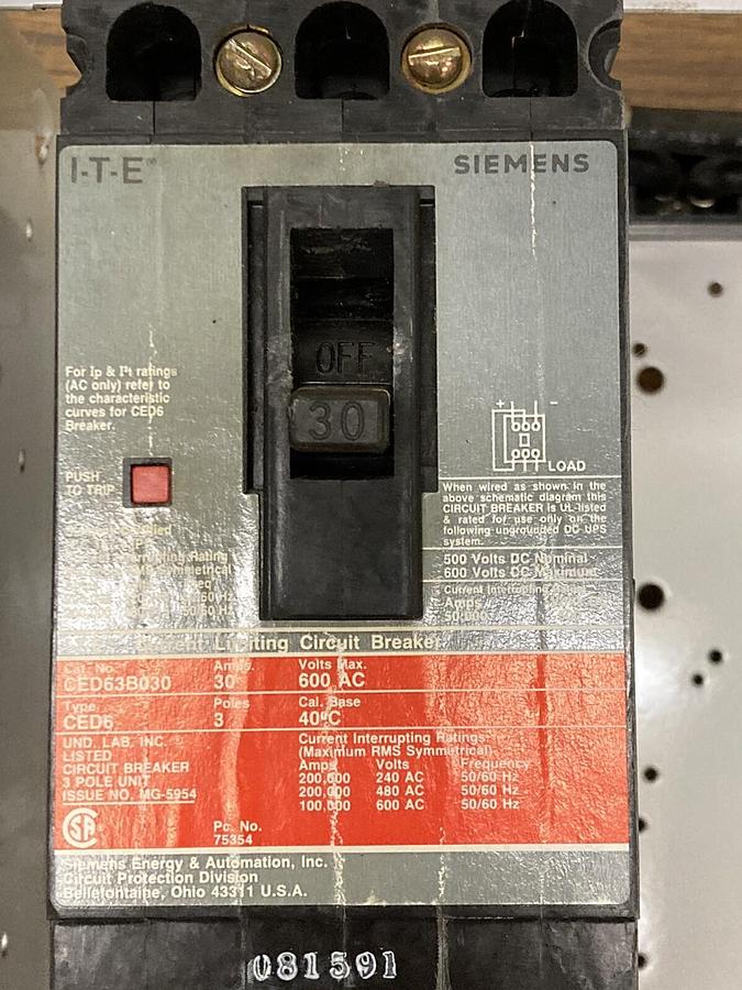 Used ITE Siemens,Model 95 36-89033,30 Amps Size 1 18 INCH Dual Disconnect Bucket