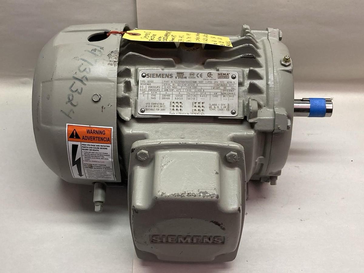 Used Siemens,1LE23211AB414AA3,3-Phase Electric Motor 2Hp 1740RPM 230/460V Frame 145T