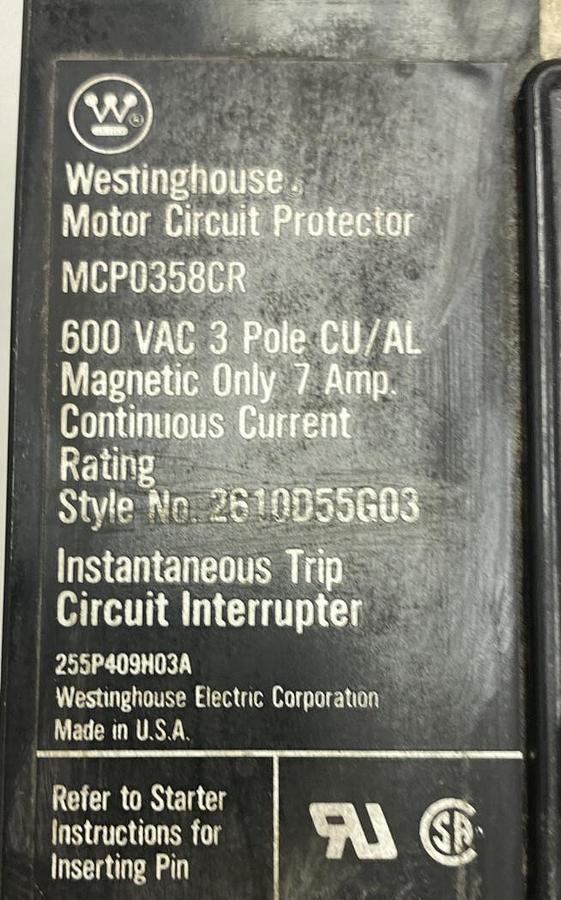 Used Westinghouse,MCP0358CR,Motor Circuit Protector 7 AMP 600V 3 Pole Style 2610D55G0