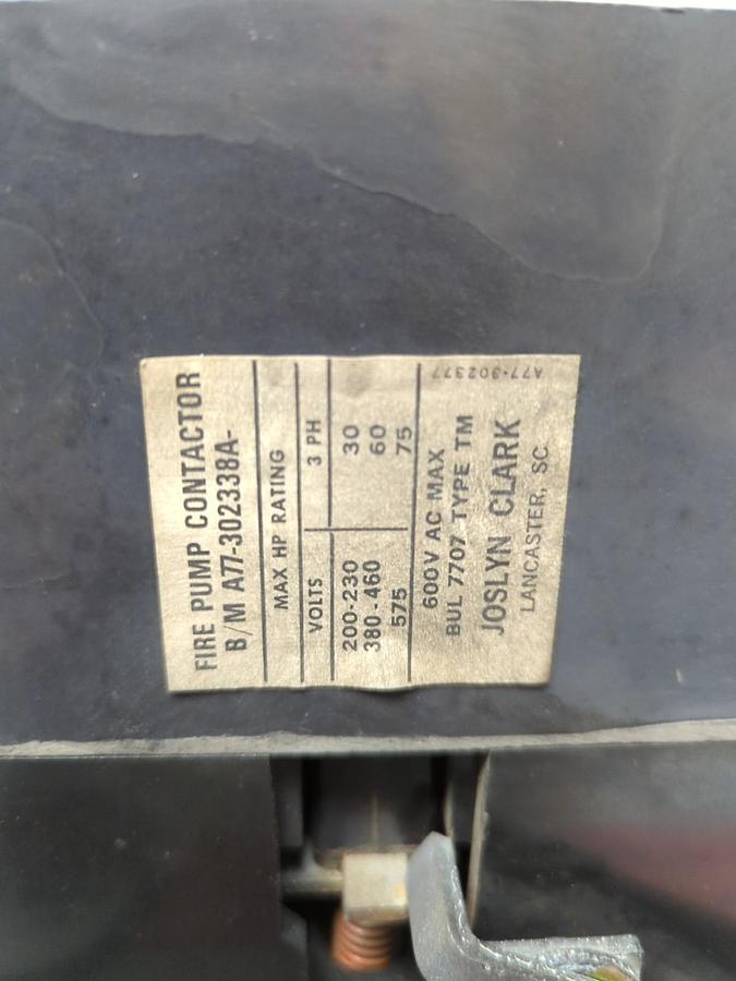 Used JOSLYN CLARK,A77-302338A,FIRE PUMP CONTACTOR 600V 3P COIL 480V TB162-9 PRE-OWNED