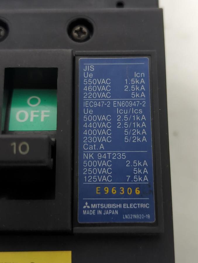 Used MITSUBISHI,NF30-SP,CIRCUIT BREAKER 10 AMP 3-POLE PRE-OWNED