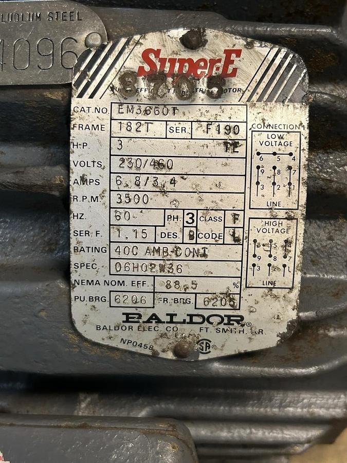 Used BALDOR,EM3660T,SUPER-E MOTOR 3HP 230/460V 3500RPM 3PH 182T FRAME
