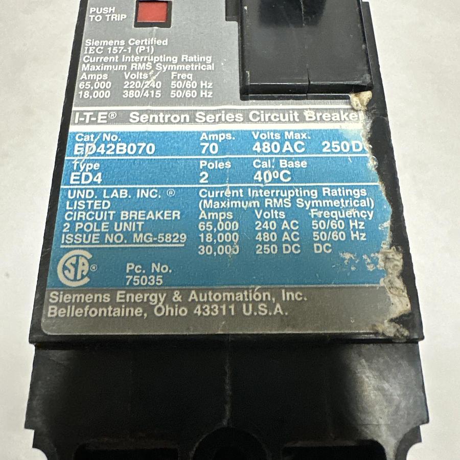 Used ITE,ED42B0070,70 Amp 2 Pole Circuit Breaker