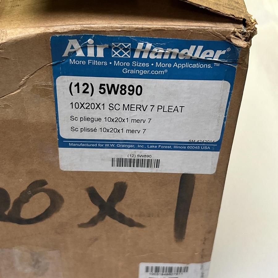 AIR HANDLER,5W890,SYNTHETIC PLEATED MERV 7 AIR FILTER 10X20X1 BOX OF 11 NOS