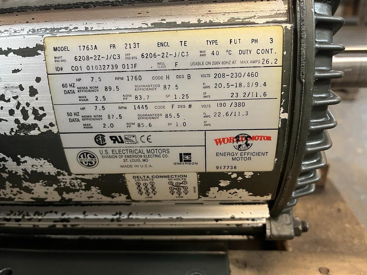 Used US MOTORS,T763A,BRAKE MOTOR 7.5HP 1760RPM 3PH 213T SHUR STOP BRAKE