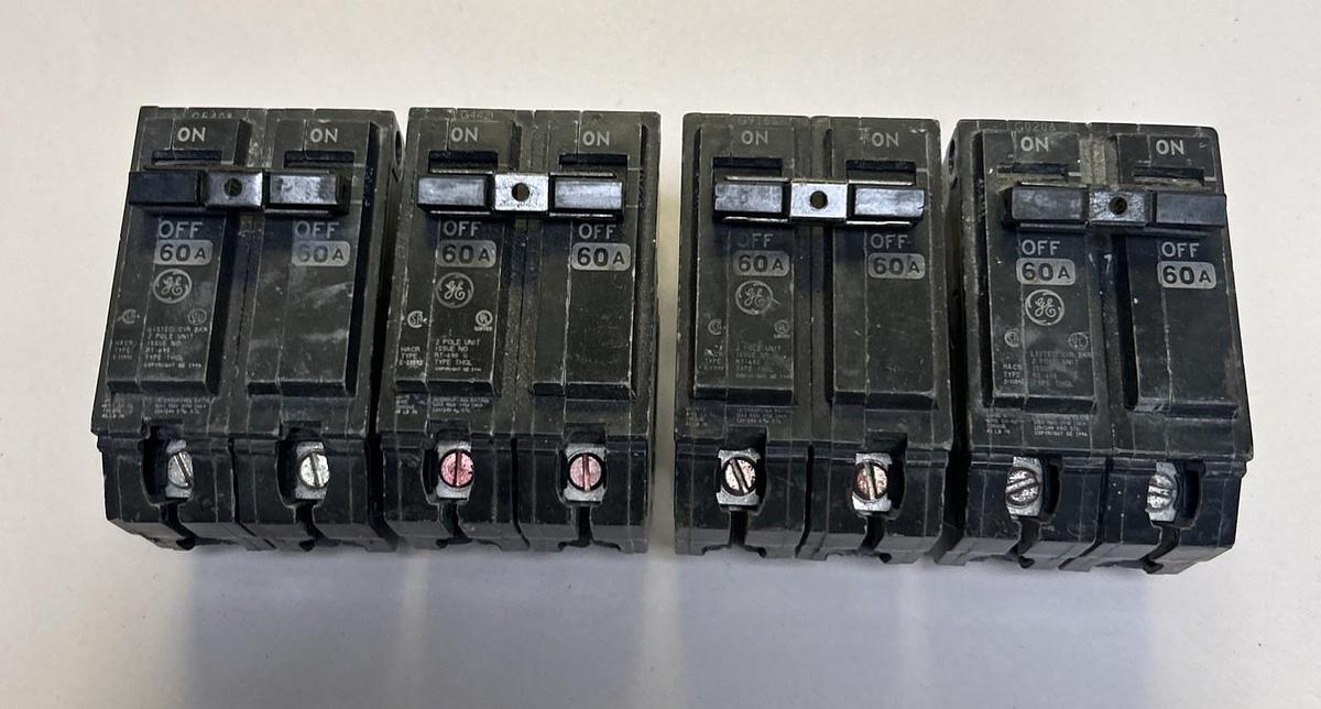 Used GENERAL ELECTRIC,THQL2160,CIRCUIT BREAKER 60A 120/240V 2P LOT OF 4