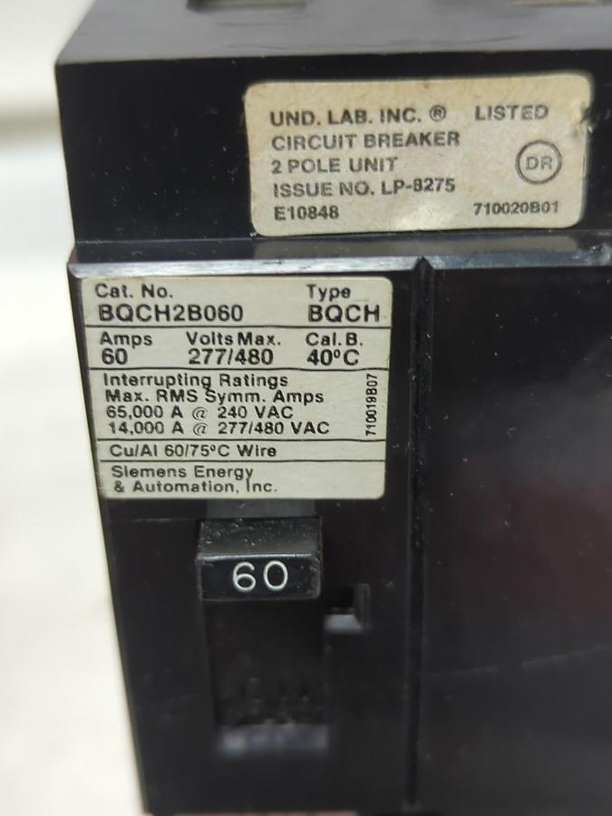 Used SIEMENS,BQCH2B060,CIRCUIT BREAKER 60 AMP 2-POLE PRE-OWNED