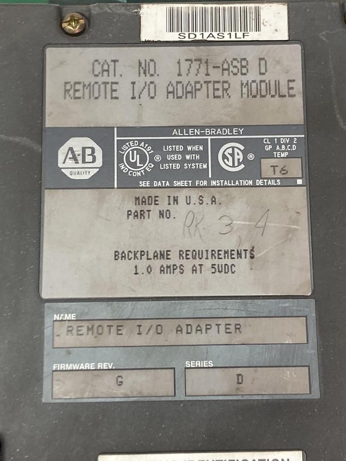 Used Allen Bradley,1771-ASB D,Remote I/O Adapter Module