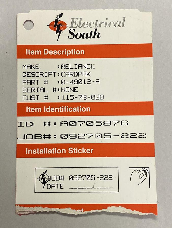 Used RELIANCE,0-49012-A,VOLTAGE SENSITIVE CARDPAK REFURBISHED