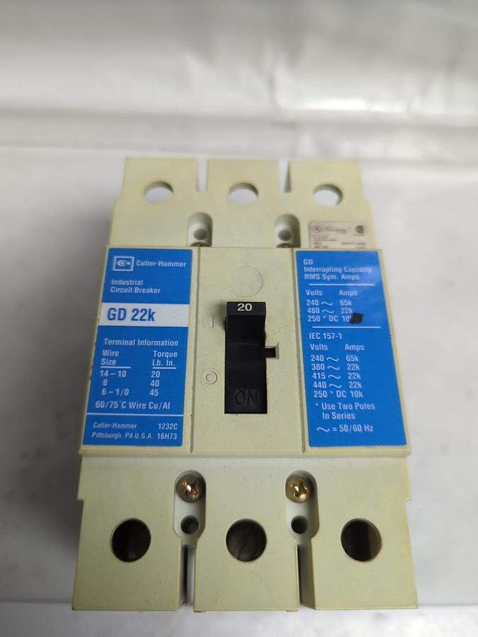 Used CUTLER-HAMMER,GD 22K,CIRCUIT BREAKER 20 AMP 3-POLE PRE-OWNED