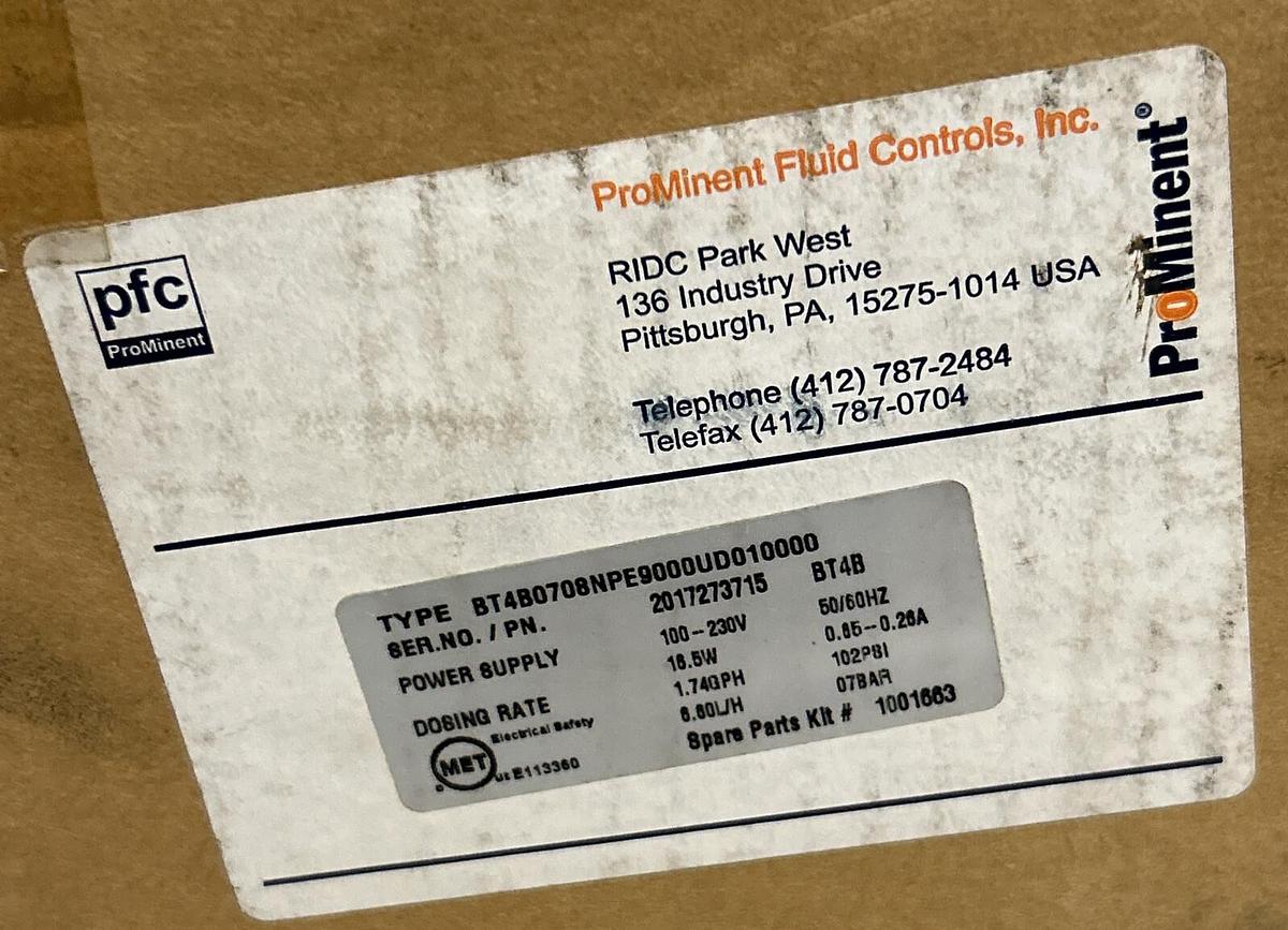 PROMINENT,BT4B0708NPE9000UD0100000, METERING PUMP 102PSI 100-230V NOS