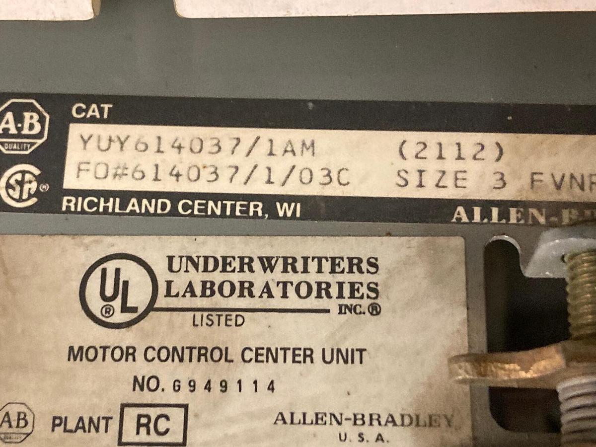 Used Allen-Bradley,2100 2112,Size 3 Fused MCC 32 INCH Starter Feeder Bucket