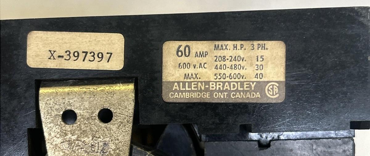 Used ALLEN BRADLEY,X-397397,DISCONNECT SWITCH 60A 600V