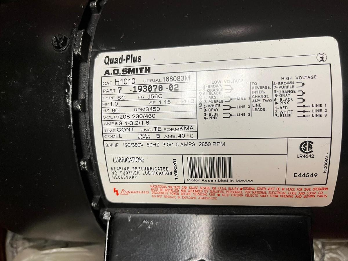 A.O. SMITH,H1010,QUAD PLUS MOTOR 1HP SC 3450RPM 3PH FR J56C