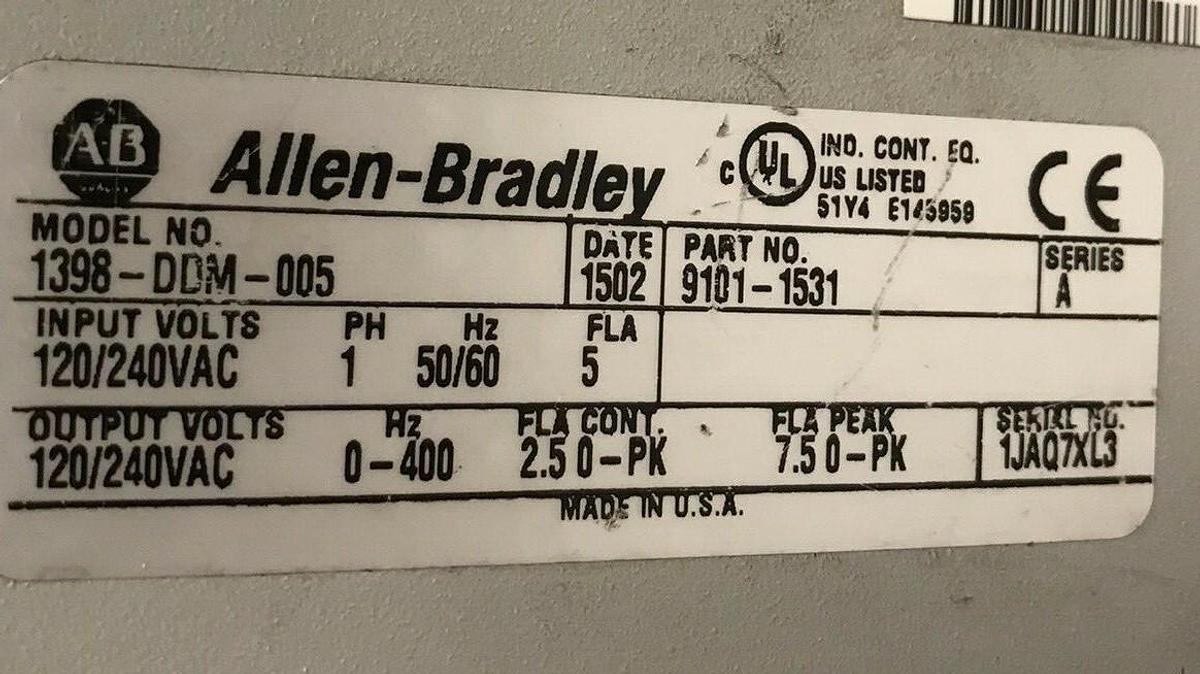 Used Allen Bradley,1398-DDM-005,Ultra Servo Drive 9101-1531 Series A