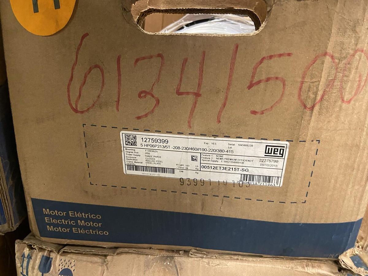 Used WEG,00512ET3E215T-SG,5Hp Motor 1175RPM 230/460V Frame 213/5T 12759399