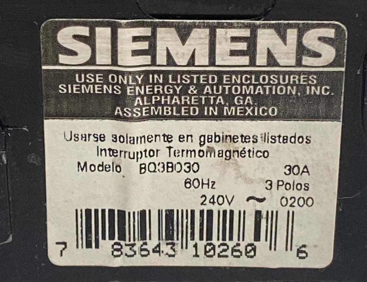 Used SIEMENS,BQ3B030,Circuit Breaker 30 Am 240 Volt 3 Pole