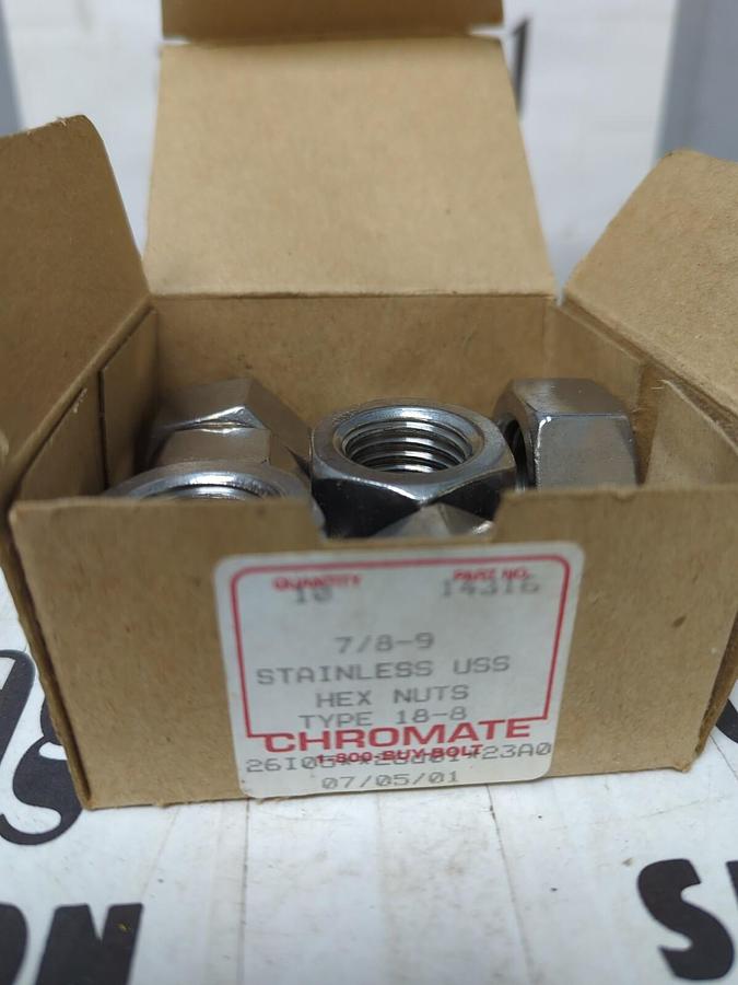 CHROMATE,18-8 USS 7/8-9,STAINLESS STEEL HEX NUTS BOX OF 10 NOS