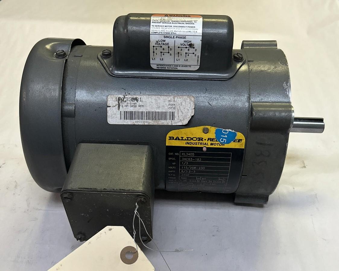 Used BALDOR,KL3405,MOTOR 1/3HP 3450RPM 230V 1PH 56C FRAME